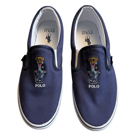 Polo Ralph Lauren Navy Blue Keaton Canvas Slip on Madras Bear Deck Shoes 10 - Picture 1 of 11